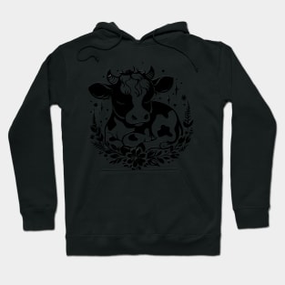 Cute Cow with Floral Wreath Black and White Artwork Hoodie